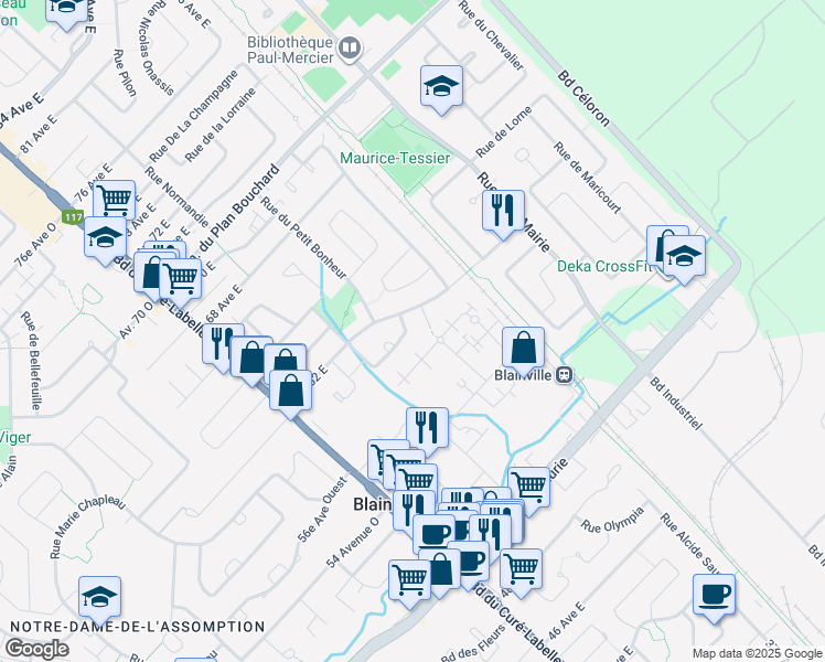 map of restaurants, bars, coffee shops, grocery stores, and more near 29 Rue des Saules in Blainville