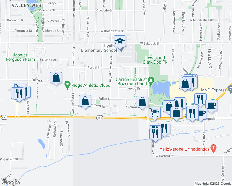 map of restaurants, bars, coffee shops, grocery stores, and more near 513 Prairie Avenue in Bozeman