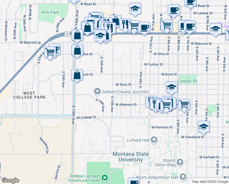 map of restaurants, bars, coffee shops, grocery stores, and more near 520 South 15th Avenue in Bozeman