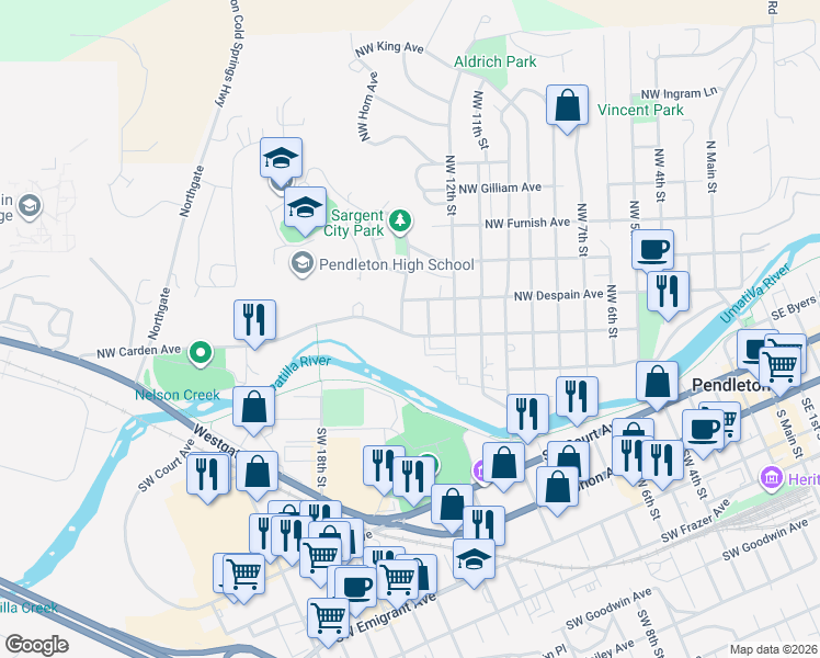 map of restaurants, bars, coffee shops, grocery stores, and more near 202 Northwest 14th Street in Pendleton