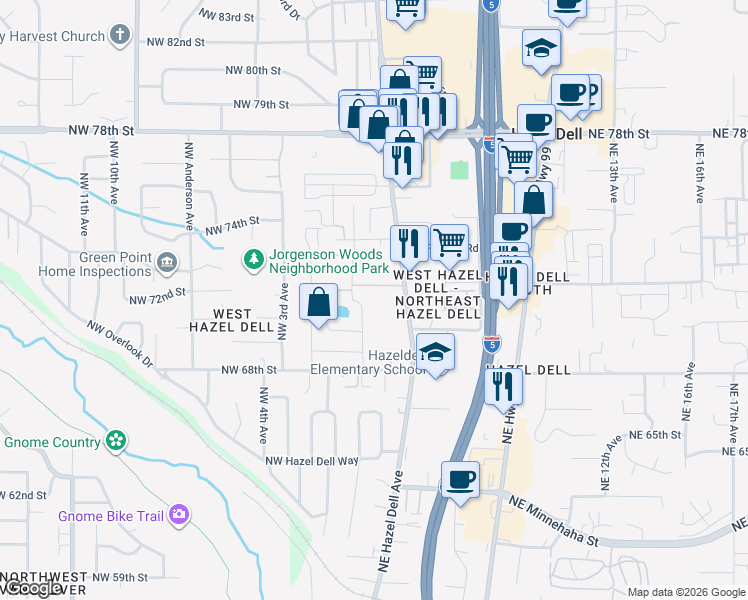 map of restaurants, bars, coffee shops, grocery stores, and more near 7106 Northeast Hazel Dell Avenue in Vancouver
