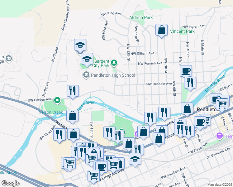 map of restaurants, bars, coffee shops, grocery stores, and more near 202 Northwest 14th Street in Pendleton