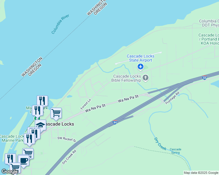 map of restaurants, bars, coffee shops, grocery stores, and more near 325 Sunset Avenue in Cascade Locks