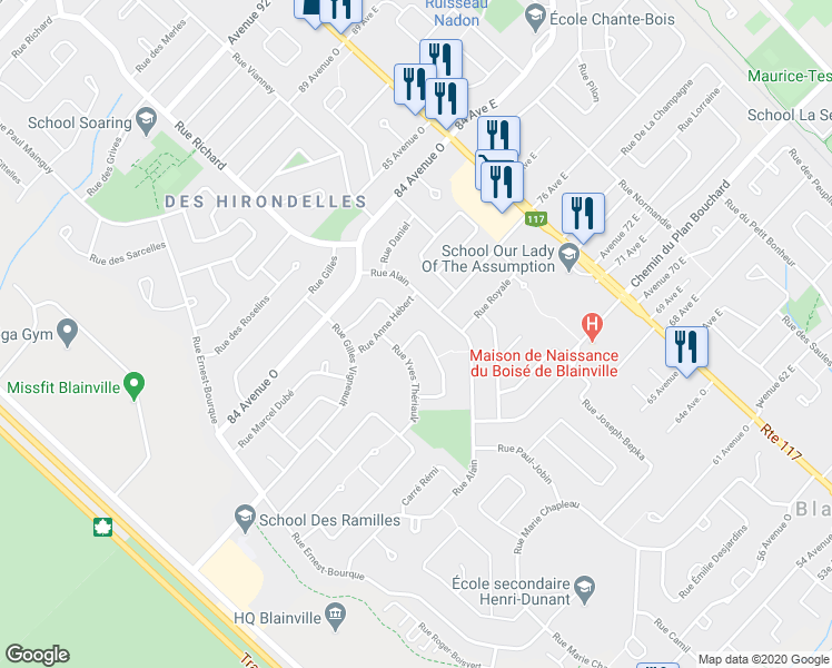 map of restaurants, bars, coffee shops, grocery stores, and more near 29 Rue Félix Antoine Savard in Blainville