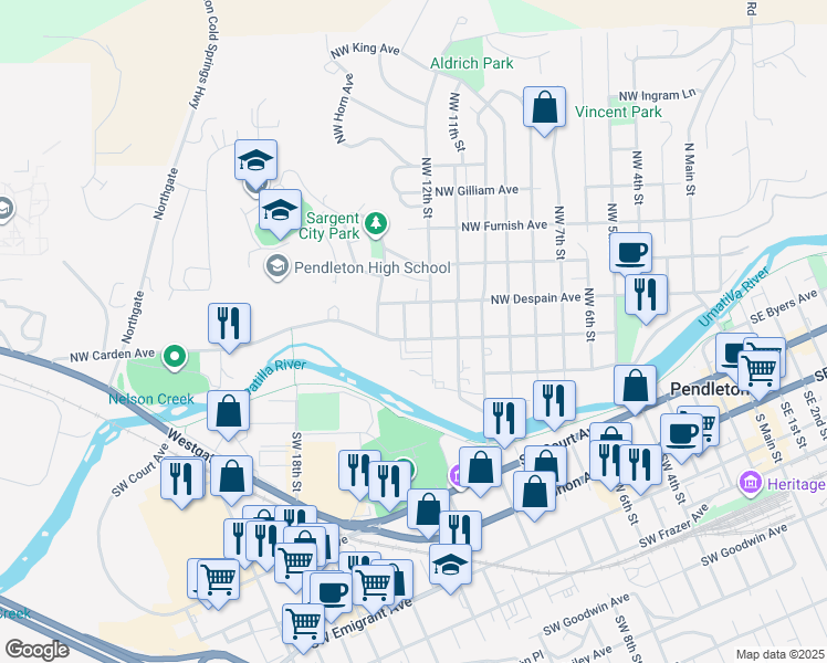 map of restaurants, bars, coffee shops, grocery stores, and more near 1209 Northwest Carden Avenue in Pendleton