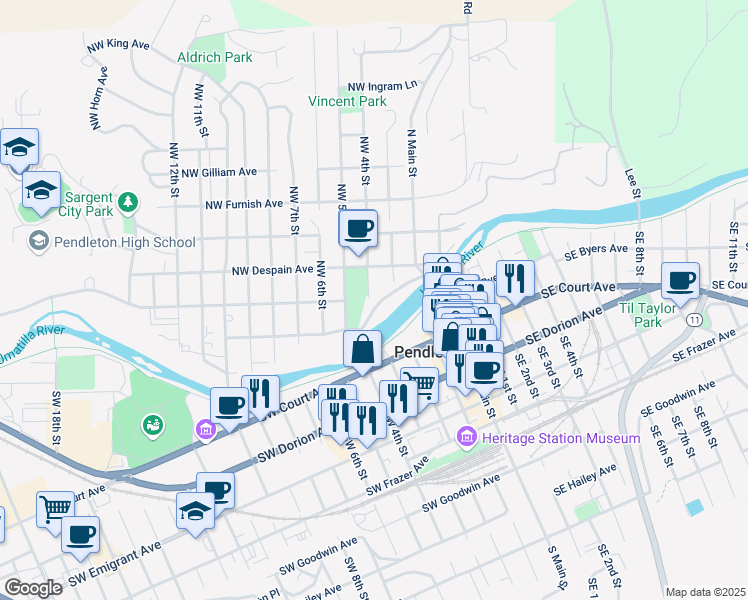 map of restaurants, bars, coffee shops, grocery stores, and more near 317 Northwest Bailey Avenue in Pendleton