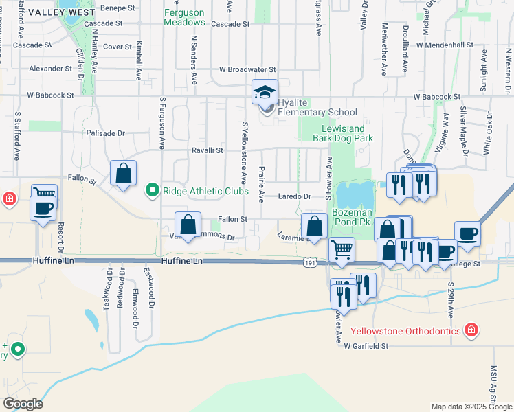 map of restaurants, bars, coffee shops, grocery stores, and more near 510 South Yellowstone Avenue in Bozeman