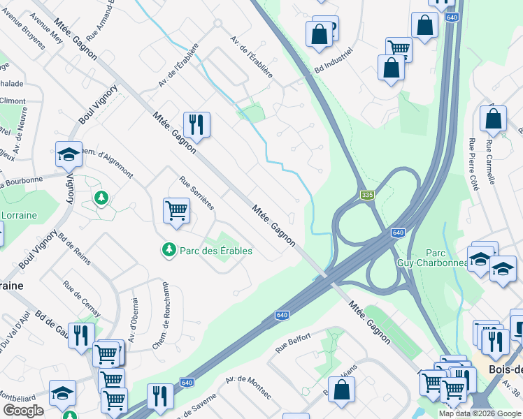 map of restaurants, bars, coffee shops, grocery stores, and more near 237 Montée Gagnon in Bois-des-Filion