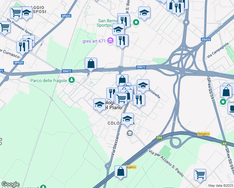 map of restaurants, bars, coffee shops, grocery stores, and more near 15 Via Carlo Alberto in Bergamo