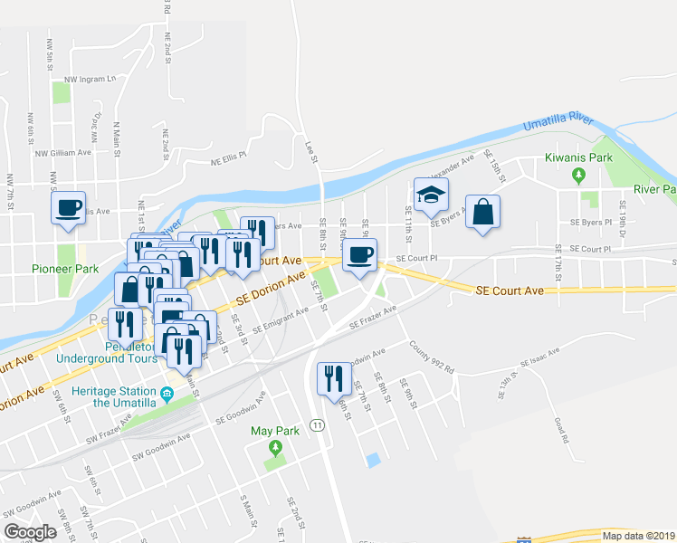 map of restaurants, bars, coffee shops, grocery stores, and more near 1601 Southeast Court Avenue in Pendleton
