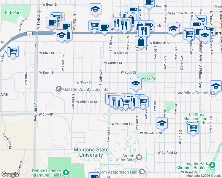 map of restaurants, bars, coffee shops, grocery stores, and more near 516 South 11th Avenue in Bozeman
