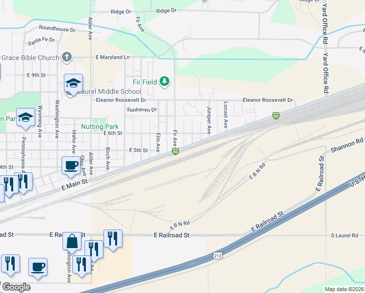 map of restaurants, bars, coffee shops, grocery stores, and more near 1300-1398 East Main Street in Laurel