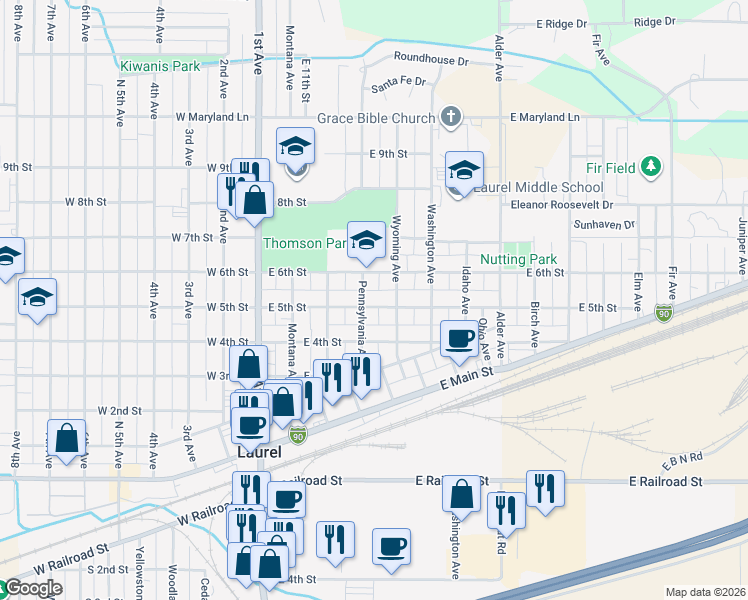 map of restaurants, bars, coffee shops, grocery stores, and more near 407 East 5th Street in Laurel