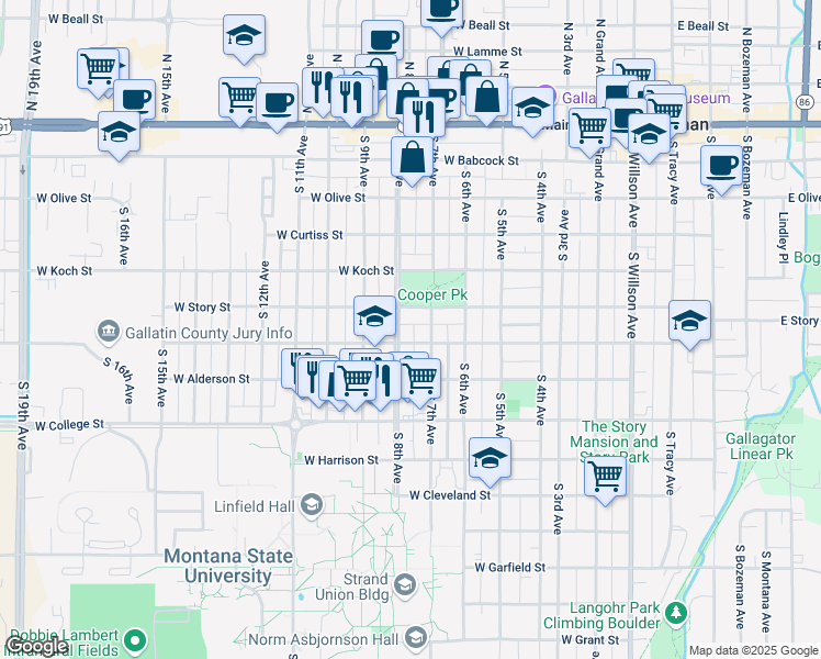 map of restaurants, bars, coffee shops, grocery stores, and more near 520 South 8th Avenue in Bozeman