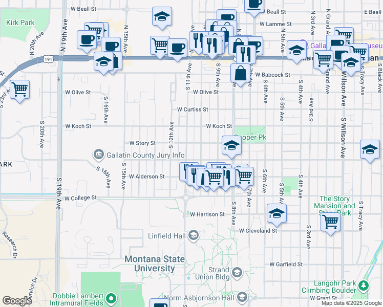 map of restaurants, bars, coffee shops, grocery stores, and more near 521 South 10th Avenue in Bozeman