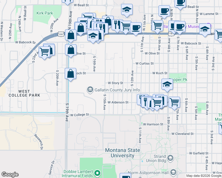 map of restaurants, bars, coffee shops, grocery stores, and more near 520 South 15th Avenue in Bozeman