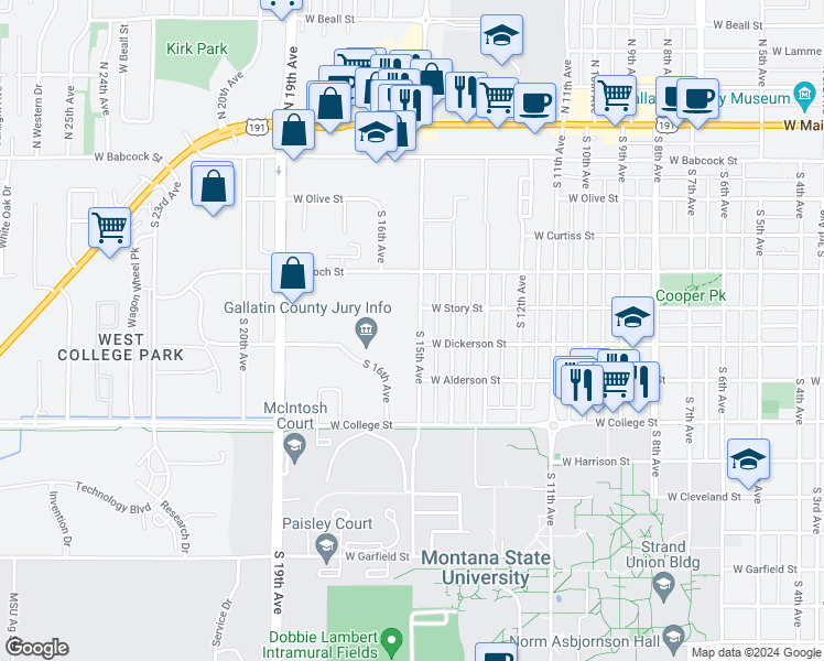 map of restaurants, bars, coffee shops, grocery stores, and more near 520 South 15th Avenue in Bozeman