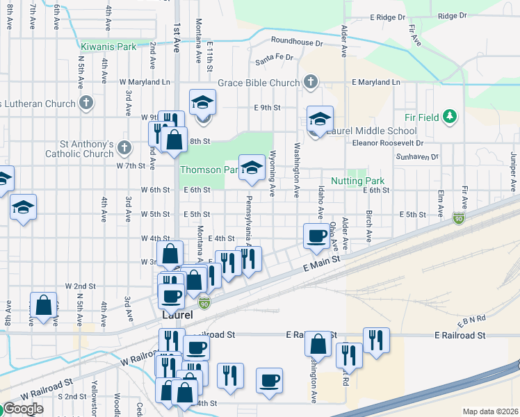 map of restaurants, bars, coffee shops, grocery stores, and more near 409 East 5th Street in Laurel