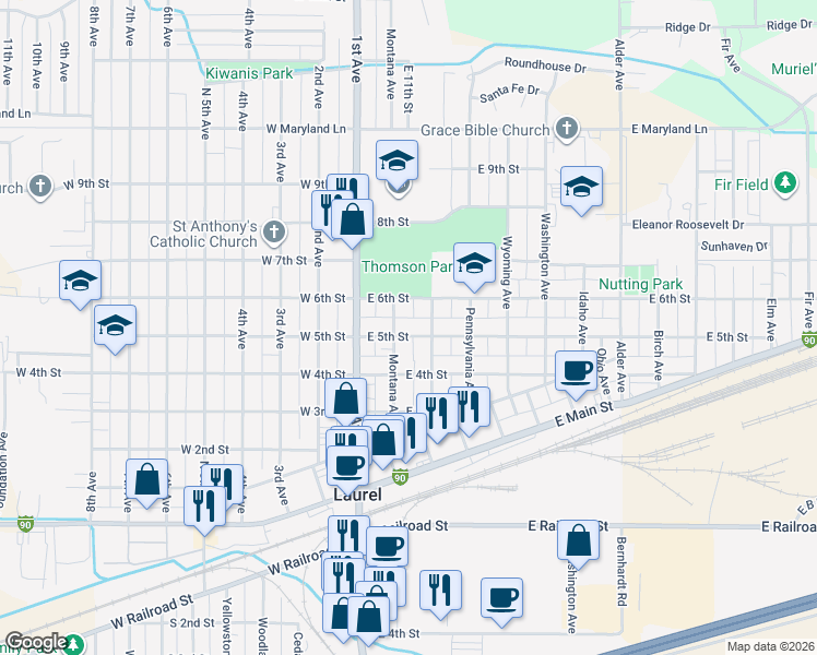 map of restaurants, bars, coffee shops, grocery stores, and more near 205 E 5th St in Laurel