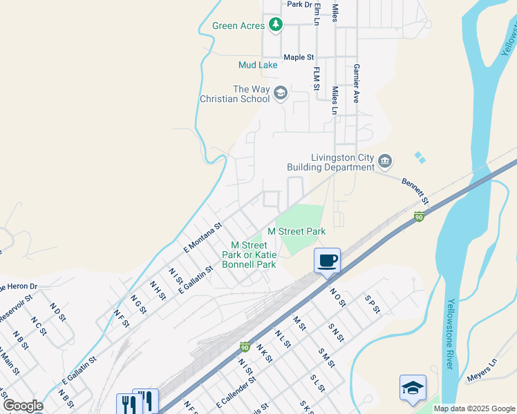 map of restaurants, bars, coffee shops, grocery stores, and more near 1310 East Montana Street in Livingston