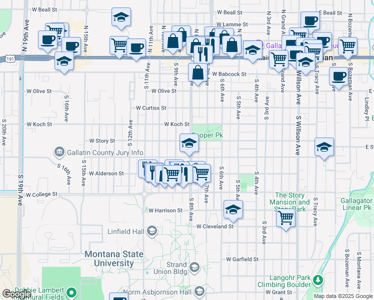 map of restaurants, bars, coffee shops, grocery stores, and more near 515 South 8th Avenue in Bozeman