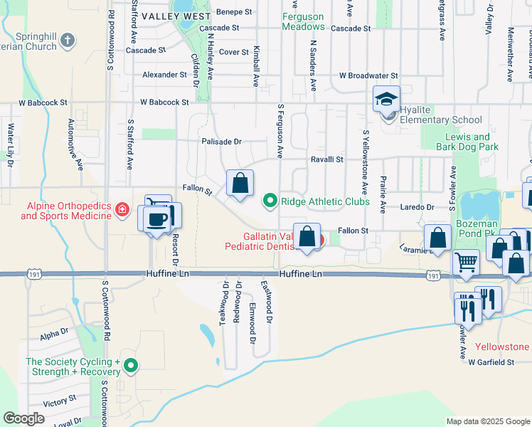 map of restaurants, bars, coffee shops, grocery stores, and more near 4181 Fallon Street in Bozeman