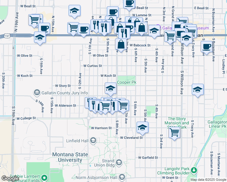 map of restaurants, bars, coffee shops, grocery stores, and more near 520 South 8th Avenue in Bozeman