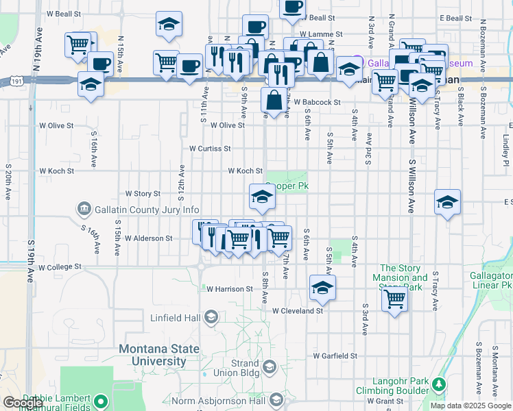 map of restaurants, bars, coffee shops, grocery stores, and more near 520 South 8th Avenue in Bozeman