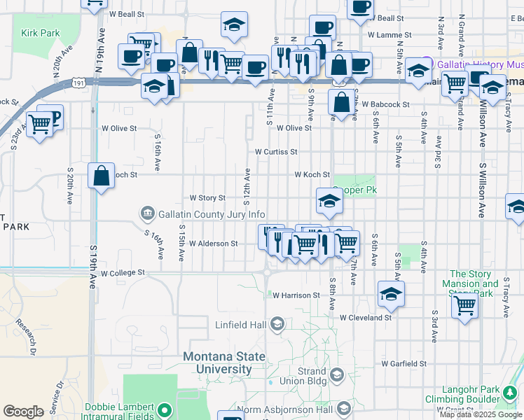 map of restaurants, bars, coffee shops, grocery stores, and more near 1105 West Dickerson Street in Bozeman