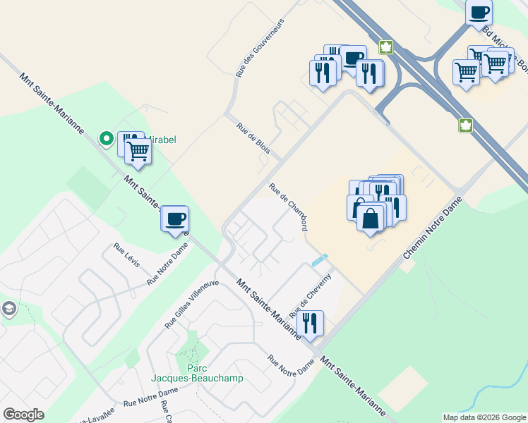 map of restaurants, bars, coffee shops, grocery stores, and more near 18241 Rue de Chenonceau in Mirabel