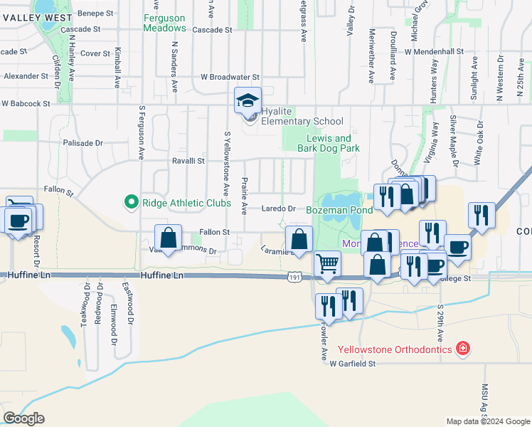 map of restaurants, bars, coffee shops, grocery stores, and more near 3506 Laredo Drive in Bozeman
