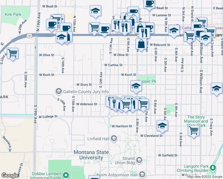 map of restaurants, bars, coffee shops, grocery stores, and more near 514 South 11th Avenue in Bozeman