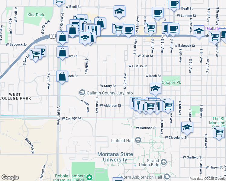 map of restaurants, bars, coffee shops, grocery stores, and more near 518 South 14th Avenue in Bozeman