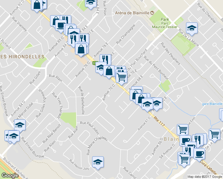 map of restaurants, bars, coffee shops, grocery stores, and more near 7 Avenue 70 Ouest in Blainville