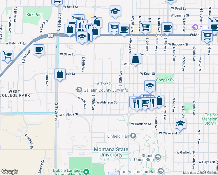 map of restaurants, bars, coffee shops, grocery stores, and more near 518 South 14th Avenue in Bozeman