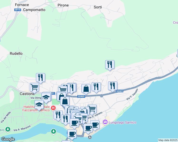 map of restaurants, bars, coffee shops, grocery stores, and more near 18A Via Febo e Isacco Arcangeli in Sarnico