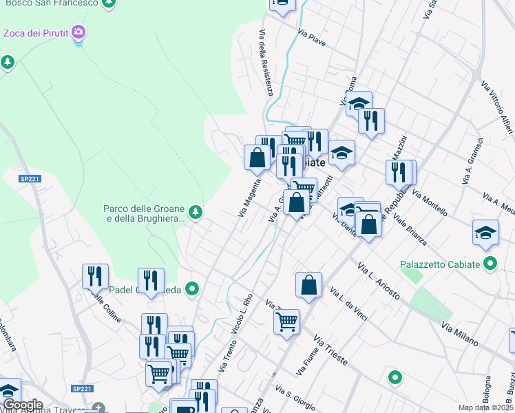 map of restaurants, bars, coffee shops, grocery stores, and more near 6 Via Giuseppe Parini in Cabiate