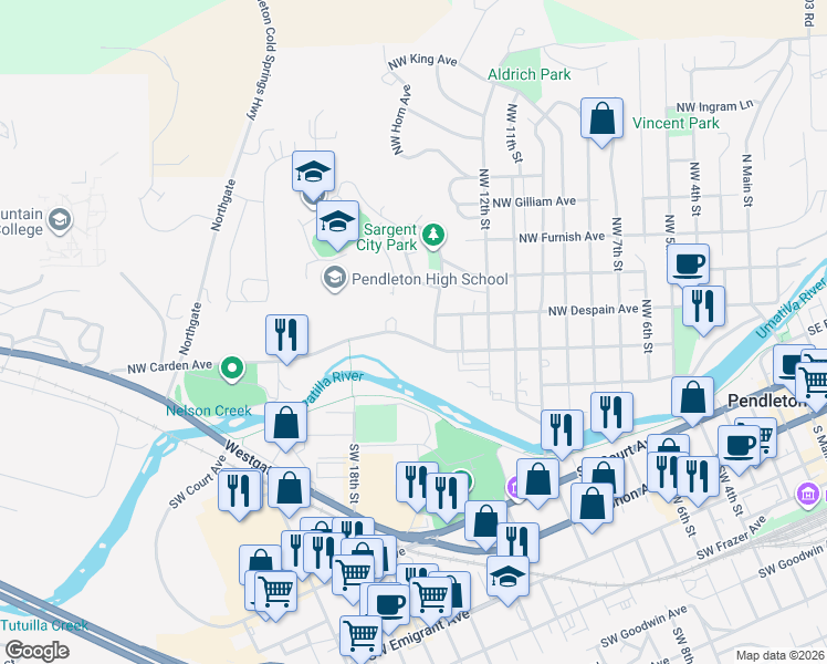 map of restaurants, bars, coffee shops, grocery stores, and more near 1417 Northwest Carden Avenue in Pendleton