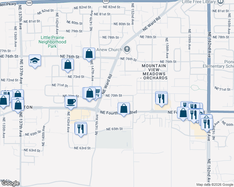 map of restaurants, bars, coffee shops, grocery stores, and more near 14912 Northeast 70th Street in Vancouver