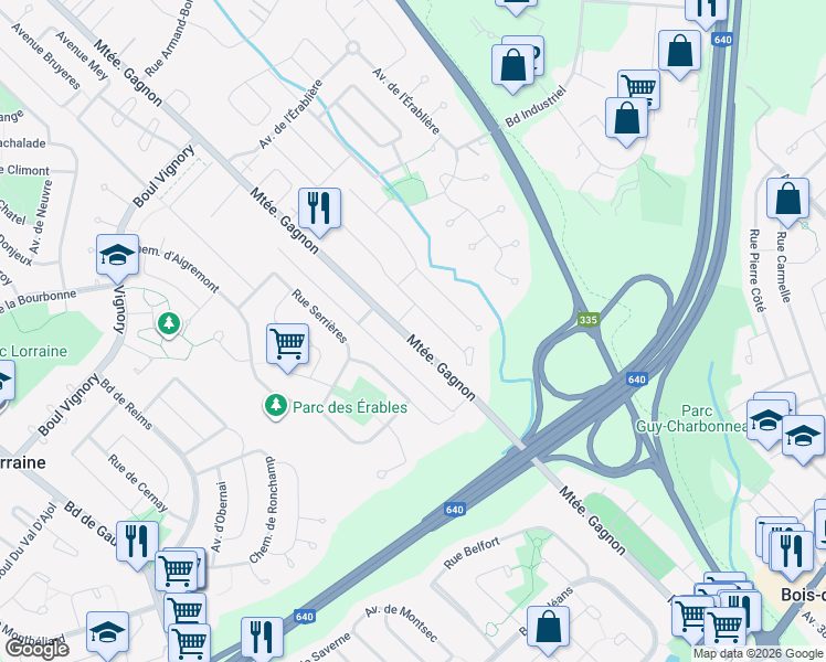map of restaurants, bars, coffee shops, grocery stores, and more near 241 Montée Gagnon in Bois-des-Filion