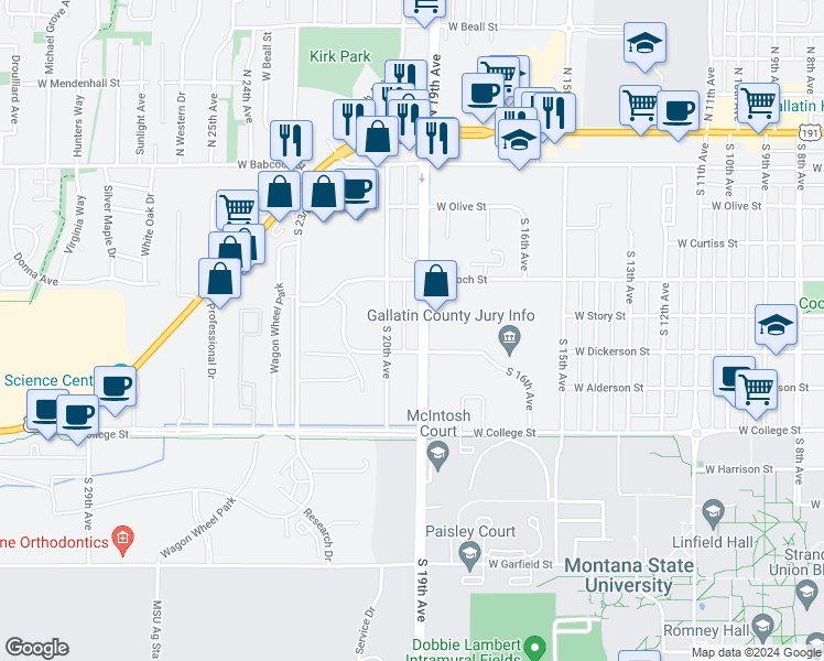 map of restaurants, bars, coffee shops, grocery stores, and more near 505 South 19th Avenue in Bozeman