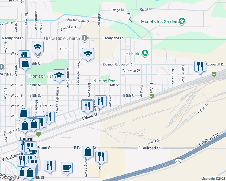 map of restaurants, bars, coffee shops, grocery stores, and more near 918 East 5th Street in Laurel