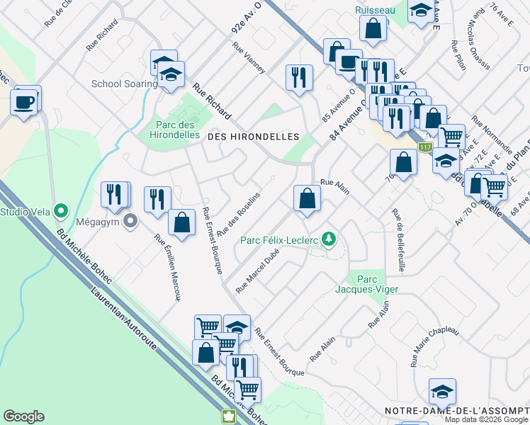 map of restaurants, bars, coffee shops, grocery stores, and more near Rue Gilles in Blainville