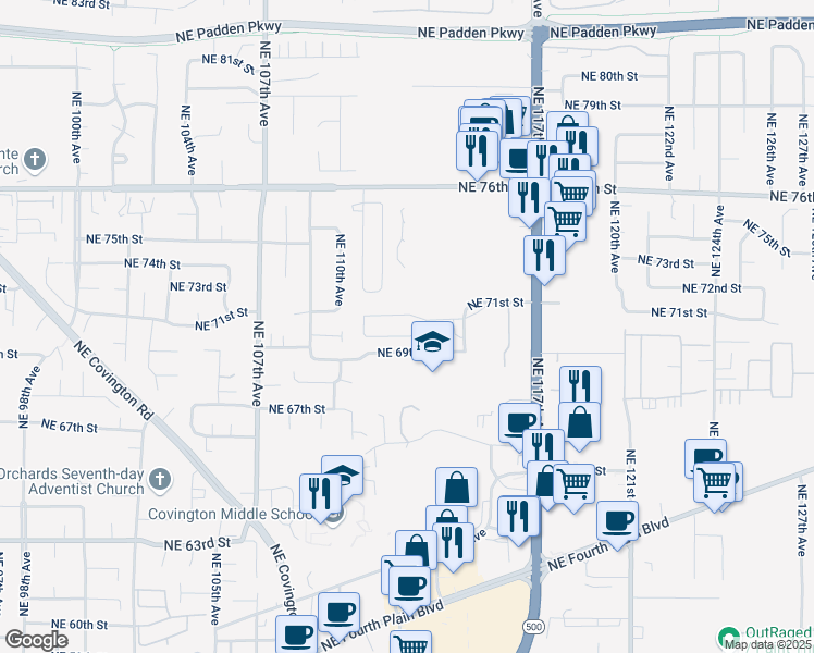 map of restaurants, bars, coffee shops, grocery stores, and more near 11515 Northeast 71st Street in Vancouver