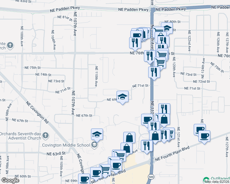 map of restaurants, bars, coffee shops, grocery stores, and more near 11515 Northeast 71st Street in Vancouver