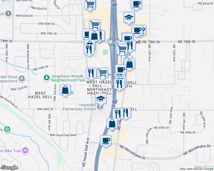map of restaurants, bars, coffee shops, grocery stores, and more near 611 Northeast 72nd Street in Vancouver