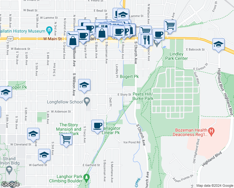 map of restaurants, bars, coffee shops, grocery stores, and more near 214 E Story St in Bozeman