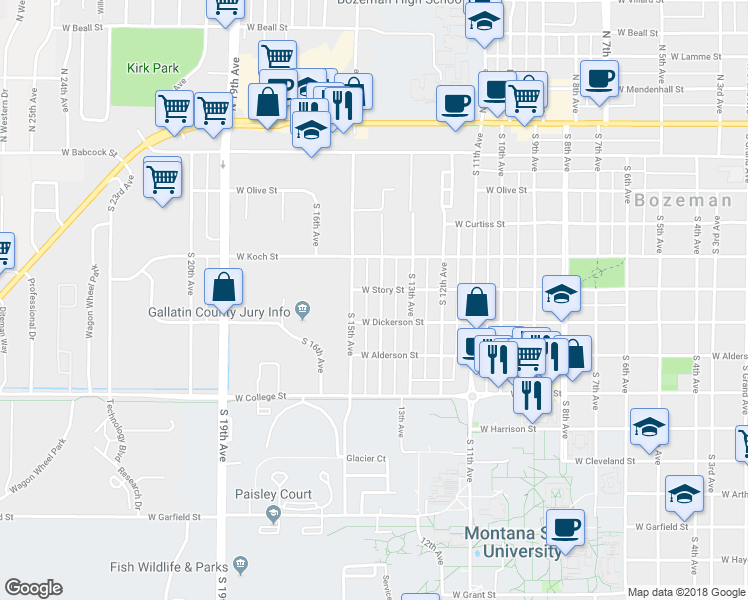 map of restaurants, bars, coffee shops, grocery stores, and more near 1351 West Dickerson Street in Bozeman