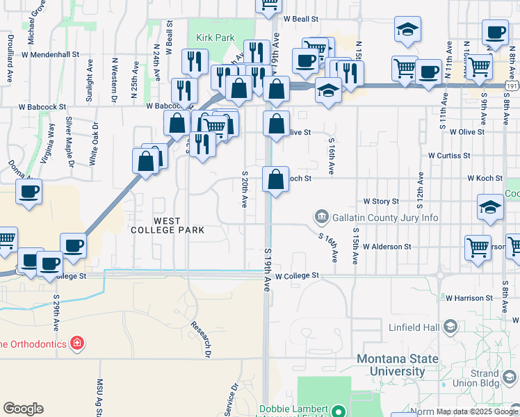 map of restaurants, bars, coffee shops, grocery stores, and more near 1907 West Dickerson Street in Bozeman