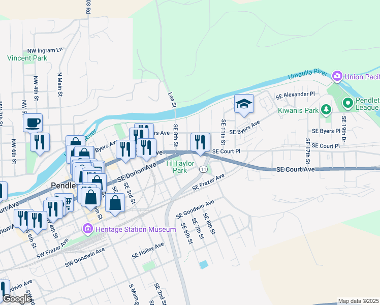 map of restaurants, bars, coffee shops, grocery stores, and more near 1601 Southeast Court Avenue in Pendleton
